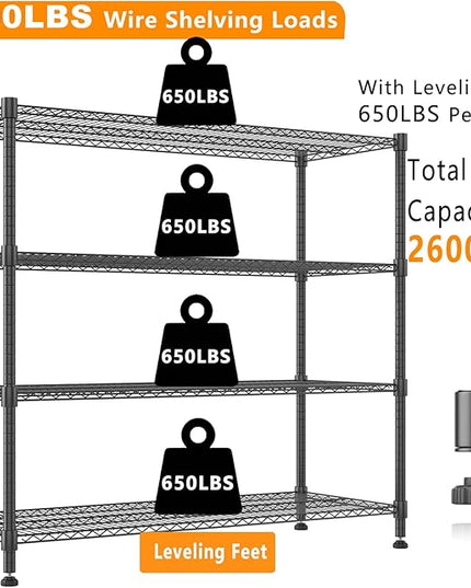 Himimi Storage Shelves 60" W Wire Shelving with Wheels 2600LBS Heavy Duty Metal Shelves for Storage, 4-Tier Adjustable Wire Rack Shelving Garage Shelving Kitchen Storage Shelves 24" Dx60 Wx72H, Black