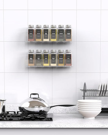 PMMASTO Adhesive Acrylic Spice Rack Organizer with 12 Empty Square Spice Jars, 238 Spice Labels with Chalk Marker and Funnel Complete Set for Kitchen Cabinet/Pantry Door (Clear - 2 Pack)
