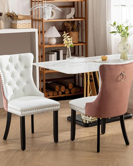 SoarFlash Leather Dining Chairs Set of 2, Tall Back Side Chair, Modern Upholstered Side Chair with Button Back Ring, Solid Wood Legs (Pink&White)