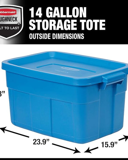 Rubbermaid Roughneck Tote 14 Gal, 6 Pack, Made in USA, Heritage Blue, Rugged Plastic Stackable Storage Bins with Lids and Handles