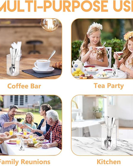 6 Pcs Mini Coffee Spoons with Holder 4.7 inch Demitasse Espresso Stainless Steel Spoons Silver with Acrylic Cylinder Holder for Coffee Bar Home Tea Party (6)