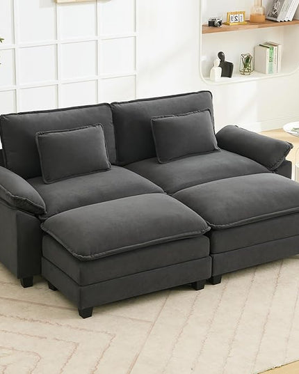 86" Modular Sectional Sofa, Comfy Cloud Couch Sectional Sofa with Ottoman, Velvet Sofa Sleeper Deep Seat Sofa with Throw Pillows for Living Room (Blue Grey)