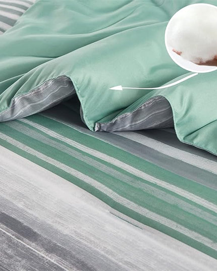 KAKIJUMN 7 Piece Bed in a Bag Stripe Comforter Set Full Size, White Grey Sage Green Patchwork Striped Comforter and Sheet Set, All Season Soft Microfiber Complete Bedding Set(Green,Full)