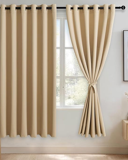 JIUZHEN Beige Blackout Curtains with Tiebacks - Thermal Insulated, Light Blocking and Noise Reducing Grommet Curtains for Bedroom and Living Room, Set of 2 Window Curtain Panels, 70 x 72 Inch Length