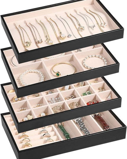 LANDICI Stackable Jewelry Organizer Trays 4 Set,PU Leather Jewelry Organizer Drawer,Jewelry Storage Display Tray for Earring Necklace Rings Bracelet with Removable Dividers,Black