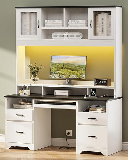 Bestier 77.8" H Executive Desk with Hutch, Modern Wood Computer Desk with Drawers, Charging Station, LED Light, Fluted Storage Cabinet, Keyboard Tray, 59" W Office Desk for Home Office, White