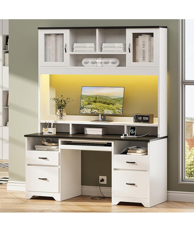 Bestier 77.8" H Executive Desk with Hutch, Modern Wood Computer Desk with Drawers, Charging Station, LED Light, Fluted Storage Cabinet, Keyboard Tray, 59" W Office Desk for Home Office, White