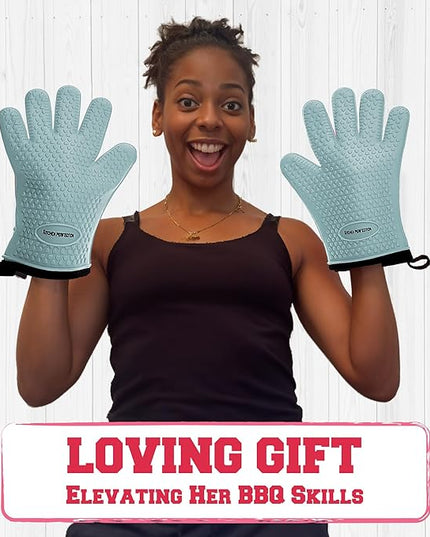 KITCHEN PERFECTION XL Silicone Smoker Oven Gloves for Women -Extreme Heat Resistant BBQ Gloves -Handle Hot Food Right on Your Grill Fryer&Pit|Waterproof Grilling Cooking Mitts|Superior Set+3 Bonuses