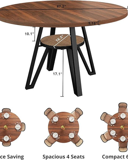 LIKIMIO Round Dining Table for 4, 47.2” Wooden Kitchen Table with Rattan Storage Shelf, Space-Saving for Modern Dining Room, Living Room, Walnut