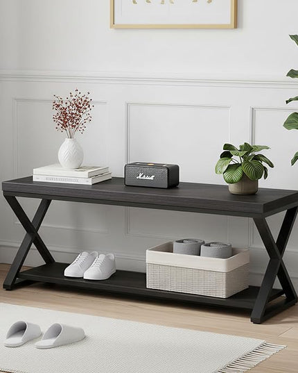 IBF Black Bench, Modern Entryway Bench for Bedroom, Wood Metal Storage Hallway Bench for Dining Living Room, Farmhouse Shoe Rack Indoor Accent Seating Bench for Foyer Entrance, Black Oak, 47 Inch Long