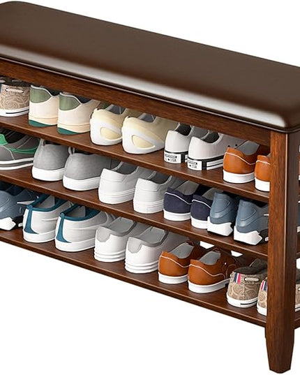 Shoe Rack Bench Entryway Storage with Leather Cushion, Shoe Organizer Bench for Entryway, Ideal for Front Doors Entrances Hallway Mudroom Featuring Rubberwood And 3 Height-Adjustable Removable Shelve