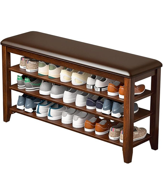 Shoe Rack Bench Entryway Storage with Leather Cushion, Shoe Organizer Bench for Entryway, Ideal for Front Doors Entrances Hallway Mudroom Featuring Rubberwood And 3 Height-Adjustable Removable Shelve