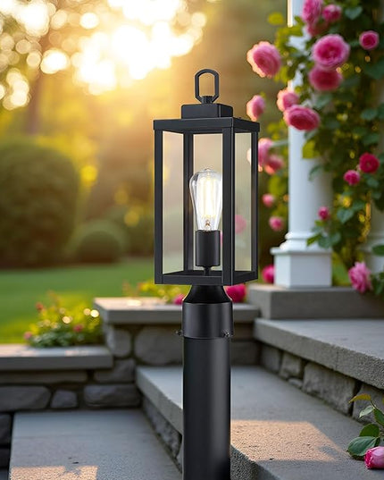 GRUENLICH Outdoor Post Lighting Fixture Pole Lantern, E26 Medium Base Max 60W, Metal Housing Plus Glass, Matte Black Finish, Bulb Not Included, 1 Pack
