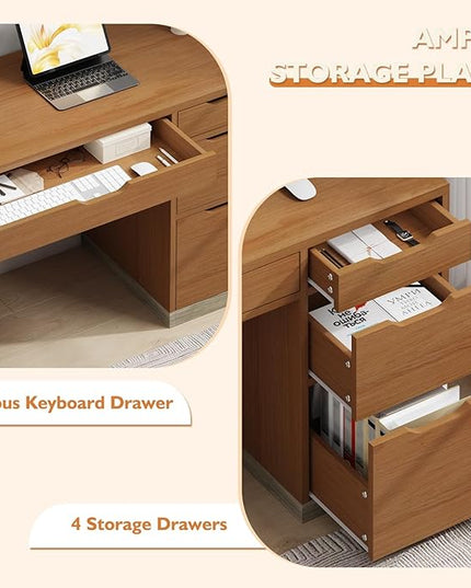 48 Inch Small Desk with 4 Drawers, Computer Desk with Storage File Cabinet for Bedroom, Home Office Desk with Storage for Small Space, Brown