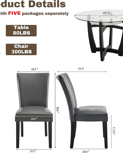 PADMA HOUSE Round Glass Dining Table Set for 6, 45in Modern Kitchen Small Wood Dinner Table with 6 Parsons Leather Dining Chairs 7 Piece Dining Room Table Chair Set, Clear&Grey