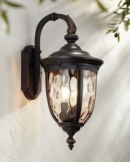 John Timberland Bellagio Vintage Outdoor Wall Light Fixture Bronze Brown Metal 20 1/2" Champagne Hammered Glass Curved Arm for House Porch Patio Outside Deck Garage Yard Front Door Garden Home