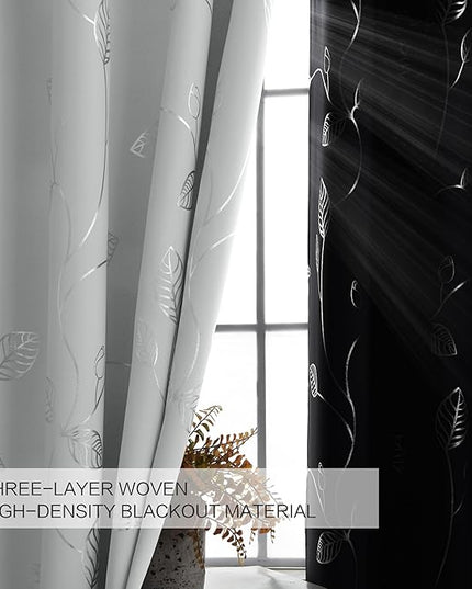 BUHUA Wave Silver Leaf Print Blackout Curtains for Living Room Darkening Curtains Light Blocking Curtains for Bedroom 52W×84L Silver Grey 2 Panels
