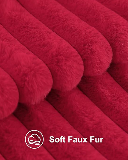decorUhome Faux Fur Spring Throw Pillow Covers 20x20 Set of 2, Decorative Soft Plush Striped Neutral Couch Euro Pillow Covers with Velvet Back for Sofa, Bed, Living Room Home Decor, Red