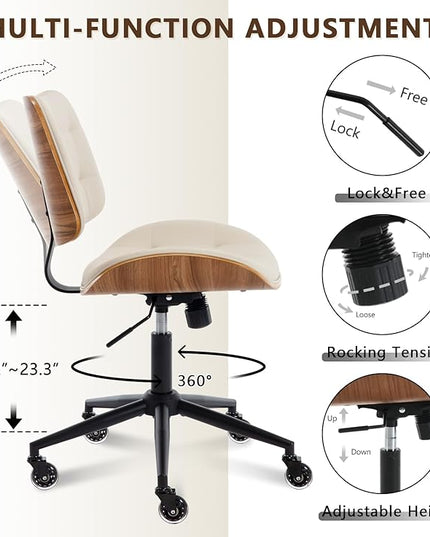 Home Office Desk Chair with Wheels, Adjustable Height Armless Office Chair, PU Leather Mid Back 360° Small Computer Chair, Modern Walnut Chair No Arms for Office, Reading Meeting Room(Beige)