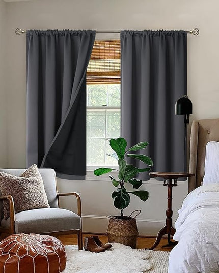 BGment Thermal Insulated 100% Blackout Curtains for Bedroom with Black Liner, Double Layer Full Room Darkening Noise Reducing Rod Pocket Curtain (52W x 54L, Dark Grey)