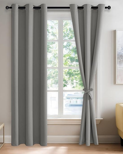 JIUZHEN Blackout Curtains with Tiebacks - Thermal Insulated, Light Blocking and Noise Reducing Grommet Curtain Drapes for Bedroom and Living Room, Set of 2 Panels, 42 x 84 Inches Long, Light Grey