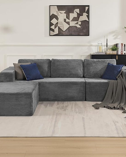 106" Modular Sectional Sofa with L-Shape Chaise, Right/Left Facing Deep Seat Cloud Couch, No Assembly Required, Upholstered Couch for Living Room Bedroom (Plush Corduroy Fabric, Grey)