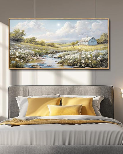PHAOHUAXM Wood Framed Wall Art For Living Room Large Canvas Wall Decor For Bedroom Flower Watercolour Painting Office Decor Countryside Scenery Wall Picture Printing Artwork Home Decor 20x40 In