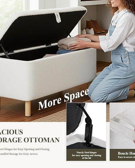 Ottoman with Storage, Storage Ottoman Bench, Entryway Bench, End of Bed Bench with Wood Legs for Bedroom, Living Room, Cream