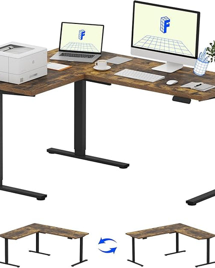 FLEXISPOT L Shaped Standing Desk, 63 x 47 Inch Electric Height Adjustable Corner Desk, Sit Stand Computer Workstation, Preset Controller, Home Office, Black Frame with Rustic Brown Top