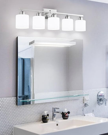 5 Light Bathroom Light Fixtures Brushed Nickel, Bathroom Vanity Light with Milky White Frosted Glass Shade, Vanity Lights for Mirror Bedroom Living Room E26 Base