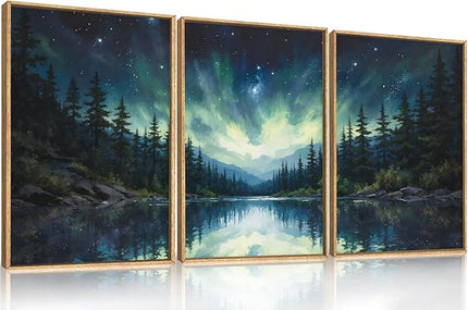 HOURIA Luminous Northern Lights Forest Lake Framed Canvas Wall Art Set,Starry Nordic Aurora Borealis Mountain Scenery Decor,Wilderness Pine Tree Reflection Artwork for Living Room,Farmhouse-24 x36 x3