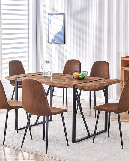7 Piece Dining Table Set，Dinner Table Set for 6，55'' Kitchen Table and Suede Nap Fabic Chairs Set of 6，6 Chair Dining Table Set for Kitchen Dining Room