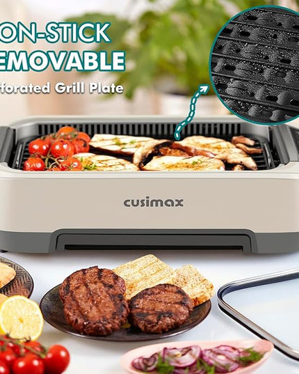Smokeless Indoor Grill, CUSIMAX Electric Grill, 1500W Korean BBQ Grill with LED Smart Display & Tempered Glass Lid, Non-stick Removable Grill Plate, Turbo Smoke Extractor, White New Model