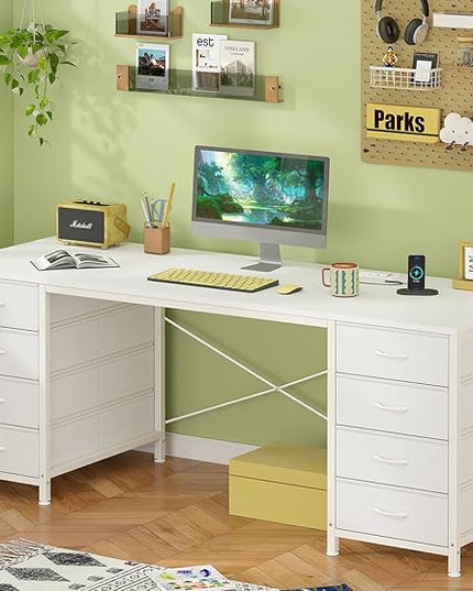 60 Inch Computer Desk with 8 Drawers, Home Office Desk with Power Outlets, Work Study Gaming Desk with 8 Fabric Drawers