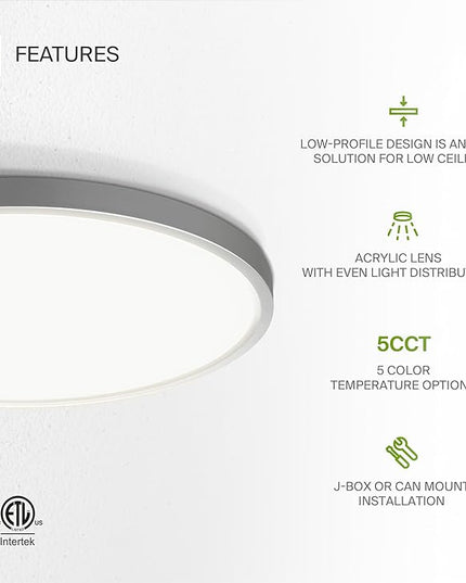 ASD LED 12" Round Flush Mount Ceiling Light Fixture, Low Profile Surface Lighting | 5CCT, Dimmable, Ultra-Thin, ETL Listed | 24W 1900LM 2700-6000K 120V | Kitchen, Hallway Lamp | Nickel, 4 Pack