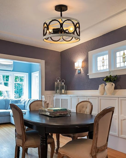 Farmhouse Semi Flush Mount Ceiling Light,3-Light Industry Oak White Sloped Ceiling Light Fixtures D13 Inches Rustic Metal Light Fixture for Entryway Foyer Hallway Kitchen Dining Room