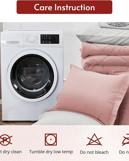 MUXHOMO 5 Pieces Twin Comforter Set, Reversible Bed in a Bag Twin Size, All Season Bedding Set with Comforter, Flat Sheet, Fitted Sheet, Pillowcases & Shams, Pink & Light Grey