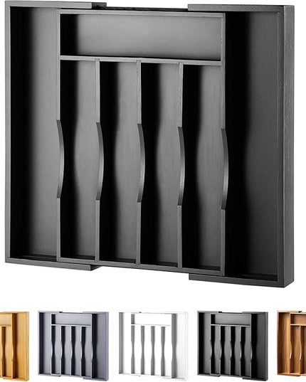 Expandable Bamboo Kitchen Drawer Organizer for Cutlery and Utensils, Adjustable Bamboo Wood Cutlery Tray in Drawer for Flatware and Silverware in Kitchen, (Black)