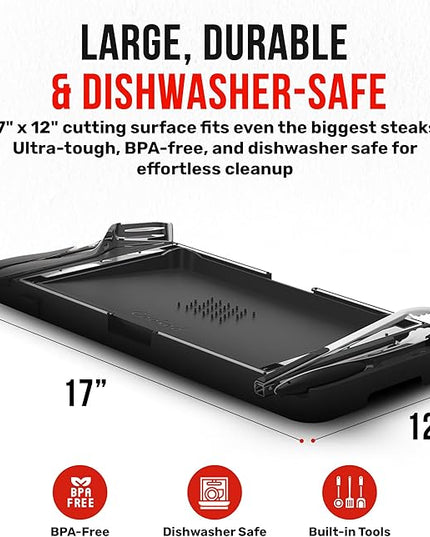 Grillbot FlipTray Dual-Sided Grilling Prep and Serving Tray - Raw/Cooked Food Separation, BBQ Grill Carry System Tray, Built-in Stainless Tools, BPA-Free, Dishwasher Safe, Tray for Outdoor Grill
