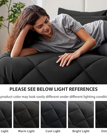 Love's cabin Queen Comforter Set Black, 7 Pieces Queen Bed in a Bag, All Season Bedding Sets with 1 Comforter, 1 Flat Sheet, 1 Fitted Sheet, 2 Pillowcase and 2 Pillow Sham