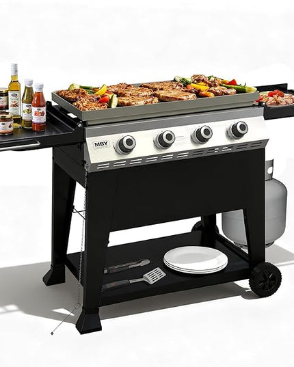32 Inch Outdoor Flat Top Gas Propane Griddle with 4 Burners 40,000BTU,Powder Coated Steel Portable Gas Grill with Side Shelves for BBQ,Camping,Backyard