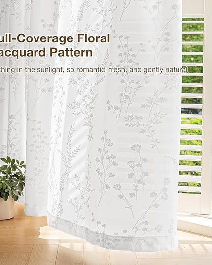 Anmao White Semi Sheer Light Filtering Extra Long Curtains 2 Panels, Flower Pattern Drapes for Living Room Bedroom, Rod Pocket Sheer Window Treatments with Floral Design, 52x108 Inch