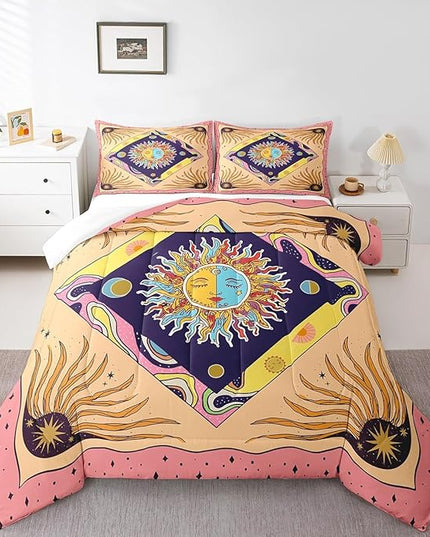 Manfei Starry Sky Galaxy Trippy Comforter Set King,Sun Moon Bedding Set 3pcs for Kids Teens Adults Room Decor,Geometric Boho Exotic Comfy Quilt Set,Colorful Vintage Duvet Insert with 2 Pillowcases