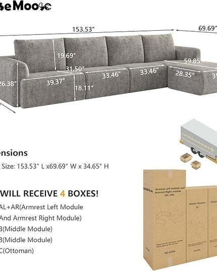 EASE MOOSE Cloud Couch Sectional Sofa, Large L-Shaped Oversized Modular Couch for Living Room, Minimalist Boneless Couches with Ottoman, 5-Seat Deep Sofas for Bedroom, Chenille (Light Grey)