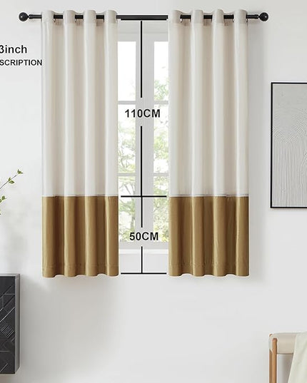 BULBUL Color Block Window Curtains Panels 63 inches Long Cream Ivory Gold Velvet Farmhouse Drapes for Bedroom Living Room Darkening Treatment with Grommet Set of 2