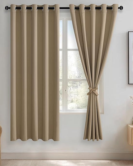 JIUZHEN Blackout Curtains with Tiebacks - Thermal Insulated, Light Blocking and Noise Reducing Grommet Curtains for Bedroom and Living Room, Set of 2 Window Curtain Panels, 60 x 72 Inch Length，Camel