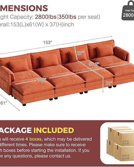 ELUCHANG Oversized 153" Modular Sectional Sofa, Comfy Deep Seat Cloud Couch, Sleeper Sofa Bed, 8 Seat Modern Couch with Removable Cover for Living Room, Apartment, DIY Combination, Chenille Terracotta
