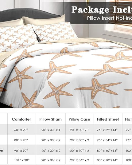 Comforter Set Queen Size, Boho Sea Shells 7 Pcs Bedding for Kids and Adults, Nautical Beach Summer Bed Sheet Sets with Fitted Sheet 2 Pillowcases & 2 Shams for Bedroom Bed Decor