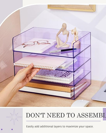 Harloon 4 Tier Acrylic Paper Tray 12.4 x 8.7 x 2.7 Inches Stackable Letter Clear Organizer No Need to Assemble Acrylic Paper File Organizer for Office Workspace Desktop Storage (Transparent Purple)
