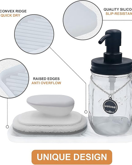 Silicone Organizer Tray, Soap and Sponge Holder for Kitchen Sink, Bathroom - Storage Tray for Dish Brush, Soap Dispenser, Dishwashing Accessories- 2 Pack (Clear)